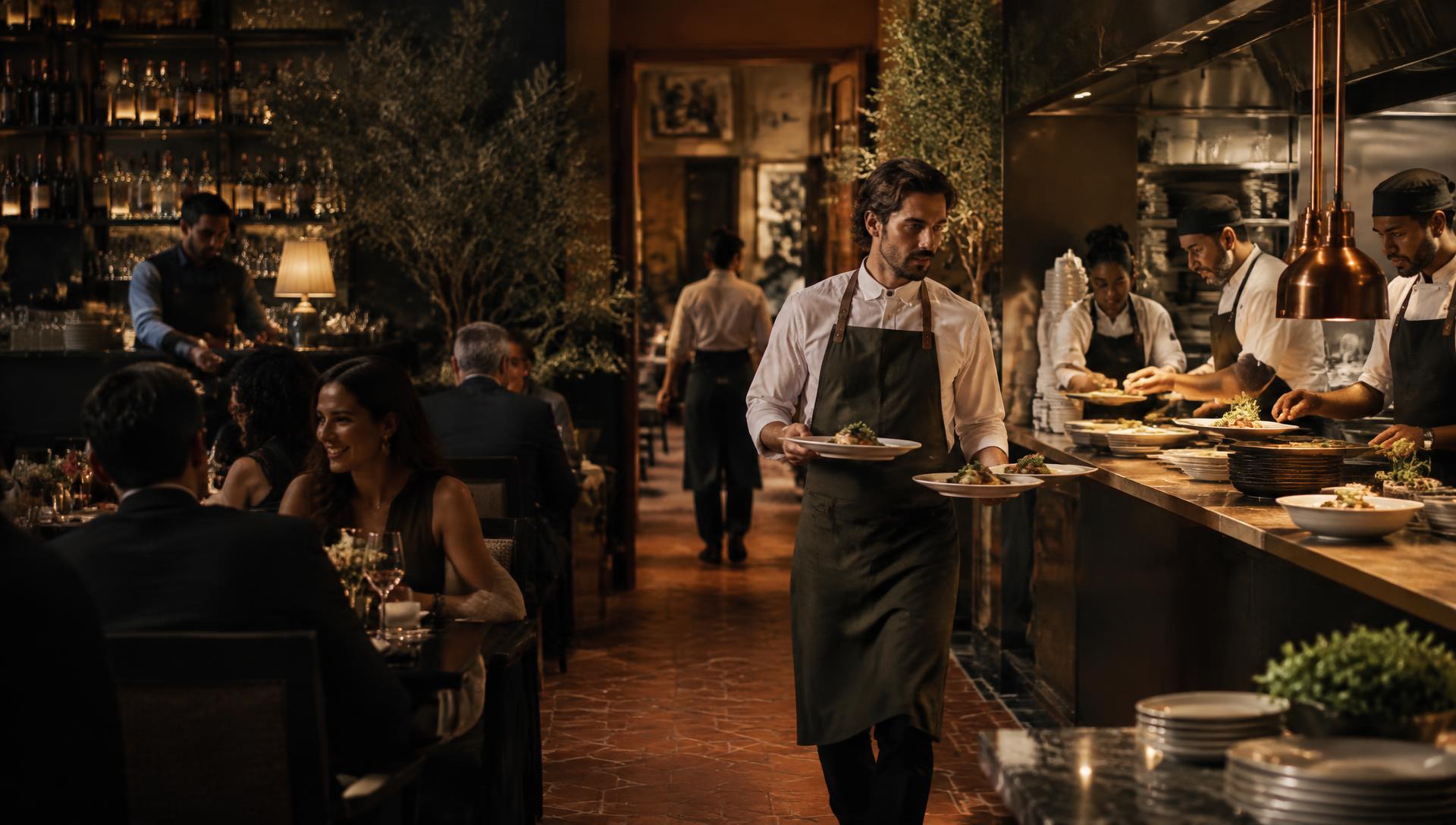 Equipe de restaurante servindo e cozinhando